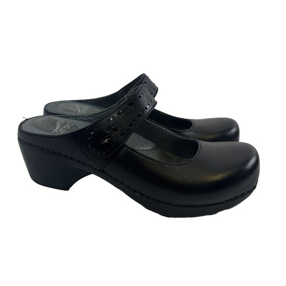 Dansko Solitaire Mary Jane Mule Black Leather Slip On Whitpstich Womens 38 7.5 - Picture 1 of 13